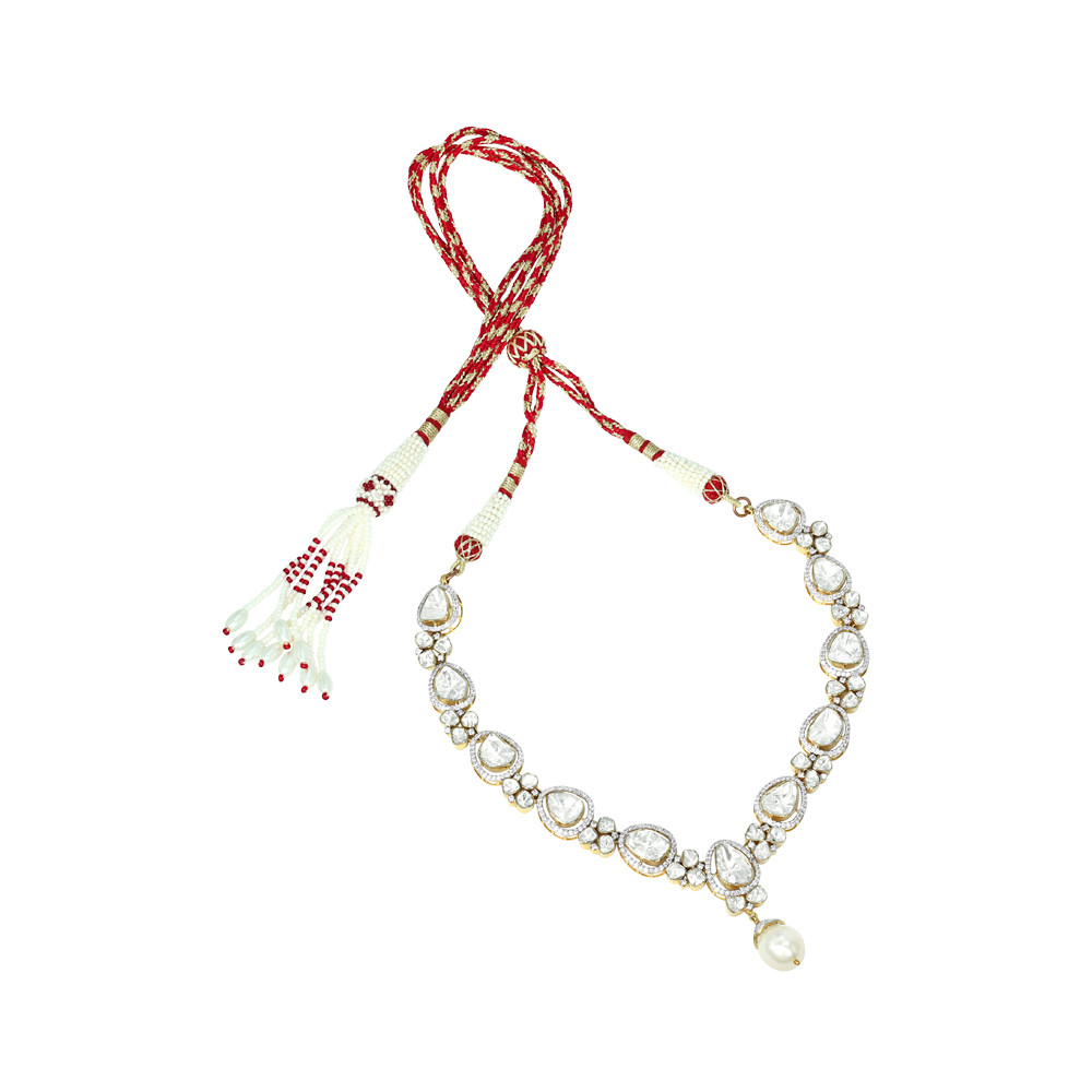 Teardrop Polki Necklace with Diamonds and Pearl Drop
